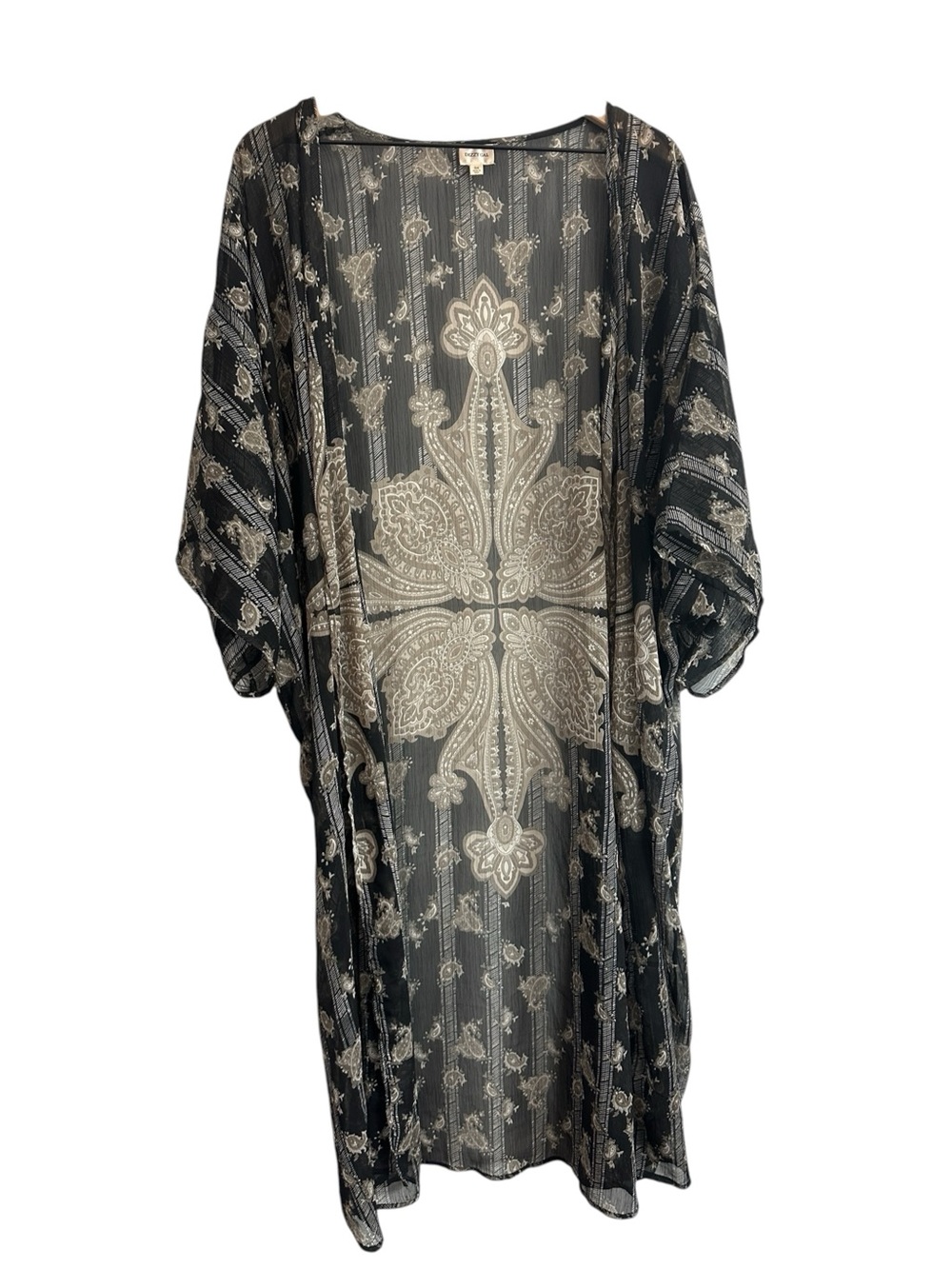 Dizzy Gal Women Kimono 3X Black Tan Sheer Boho Duster Cover Up Cottagecore Plus